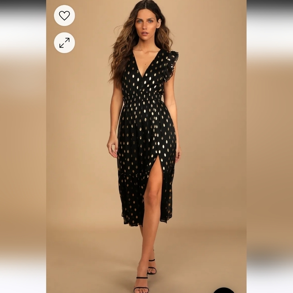 Lulus Cause to Celebrate Black and Gold Dot Ruffled Tiered Midi Dress Sz XS